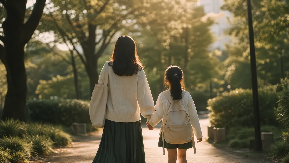 子どもと手をつなぎ前を向いて歩く母親